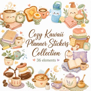 May include: A collection of 36 digital stickers featuring illustrations of coffee mugs, toast, a water bottle, skincare items, books, a laundry basket, a teapot, and a soup pot with the text Cozy Kawaii Planner Stickers Collection 36 elements.