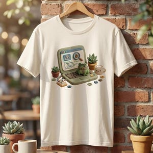 May include: Off-white t-shirt featuring a whimsical graphic of a laptop with a frog wearing glasses, surrounded by succulents and a coffee cup. The laptop screen displays an alert icon. The design includes a keyboard and small decorative elements.