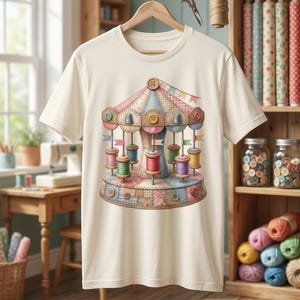 May include: Cream-colored t-shirt featuring a carousel design made of spools of thread, buttons, and fabric patches. The carousel has colorful flags and is set against a sewing-themed background with spools of thread and sewing notions.