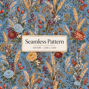 Op de afbeelding: Een naadloos patroon met een botanische illustratie van tarwearen, rode bessen, gedroogde bloemen en blauwe, gele en rode chrysanten op een blauwe achtergrond. Een centraal rechthoekig label toont de tekst Seamless Pattern 300 DPI - 3200 x 3200.