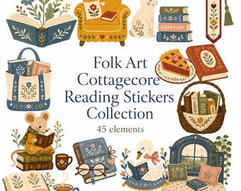 May include: A collection of 45 digital stickers featuring illustrations of books, a yellow armchair, a rabbit, a mouse reading, a swan, a basket of books, a slice of pie, and a window seat, with the text Folk Art Cottagecore Reading Stickers Collection.