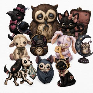 May include: A collection of illustrated plush-style creatures including a crow in a top hat, a brown owl with a key, a black cat in a trunk, a cream lamb, a bat in a pocket watch, a lavender rabbit with a key, a small owl on a moon, a skeleton dog, a bat, and a black cat.
