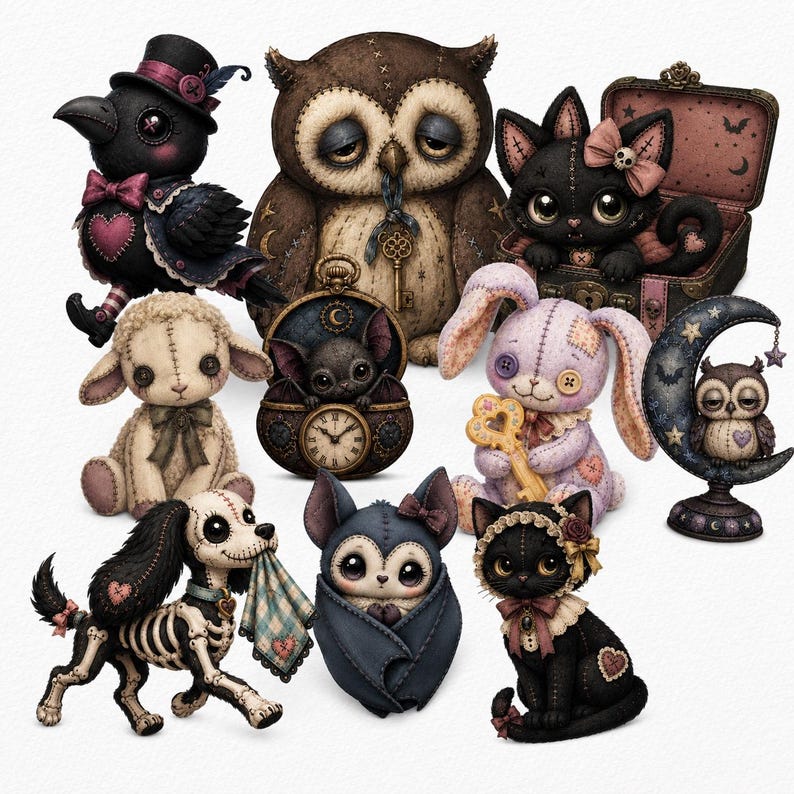 May include: A collection of illustrated plush-style creatures including a crow in a top hat, a brown owl with a key, a black cat in a trunk, a cream lamb, a bat in a pocket watch, a lavender rabbit with a key, a small owl on a moon, a skeleton dog, a bat, and a black cat.