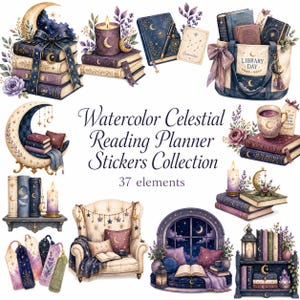 Könnte beinhalten: Eine Sammlung von 37 Aquarell-Aufklebern für Leseplaner mit Himmelsmotiven, darunter Bücherstapel, eine mit Library Day beschriftete Tragetasche, ein Mondsessel, ein gemütlicher Sessel, Kerzen, Lesezeichen und Bücherregale in Lila, Blau und Gold.