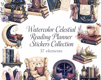 May include: A collection of 37 watercolor celestial reading planner stickers featuring stacks of books, a tote bag labeled Library Day, a crescent moon chair, a cozy armchair, candles, bookmarks, and bookshelves in shades of purple, blue, and gold.