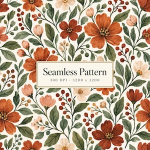 May include: A seamless pattern featuring watercolor-style rust-orange and cream flowers with dark green leaves and brown berries on a cream background. A central rectangular label displays the text: Seamless Pattern 300 DPI - 3200 x 3200.