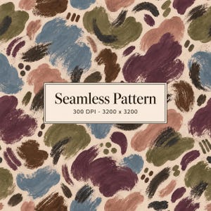 Peut inclure: Un motif répétitif composé de coups de pinceau abstraits dans des tons vert olive, bleu poussiéreux, prune profond et marron sur un fond beige clair. Un encadré blanc central porte le texte Seamless Pattern 300 DPI - 3200 x 3200.