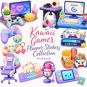 Pacote de Clipart Kawaii para Planejador Gamer, Adesivos Tecnológicos em Tons Pastel, Ícones Aconchegantes para Jogos (Download Digital)