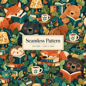 Op de afbeelding: Een naadloos patroon met illustraties van vossen, beren, uilen en eekhoorns die boeken lezen tussen bosbladeren, lampen, koffiemokken en brillen. Een centraal rechthoekig label toont de tekst Seamless Pattern 300 DPI - 3200 x 3200.