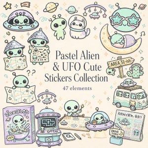 Pastellfärgad Alien UFO Clipart-paket, Kawaii rymdgrafik, Abstrakt linjäritet (digital nedladdning)