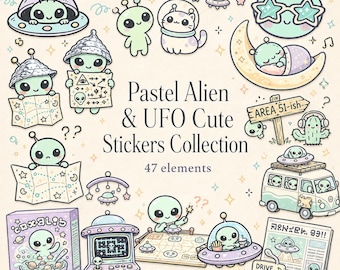 May include: A collection of 47 pastel-colored alien and UFO-themed stickers. The stickers feature cute alien characters in various scenarios, including driving a van, eating cereal, and in a spaceship. Text includes "Pastel Alien & UFO Cute Stickers Collection".