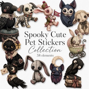 Whimsical Gothic Plush Pet Clipart, Spooky Halloween Stickers (Digital Download) image 1