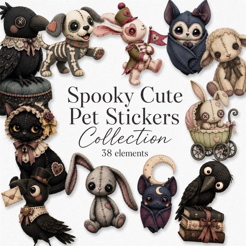 Whimsical Gothic Plush Pet Clipart, Spooky Halloween Stickers (Digital Download) image 1