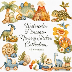 Op de afbeelding: Een collectie aquarelillustraties van dinosaurussen met diverse dinosaurussen, een vulkaan, eieren, planten en een wagen. De tekst luidt Watercolor Dinosaur Nursery Stickers Collection 45 elements. De illustraties bevatten aardetinten en blauw.