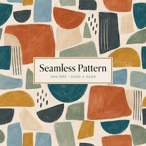 Puede incluir: Un patrón sin costuras con formas abstractas en terracota, azul cerceta, verde salvia y amarillo mostaza sobre un fondo crema. El diseño incluye semicírculos, rectángulos y pequeños trazos. El texto central dice Seamless Pattern 300 DPI 3200 x 3200.