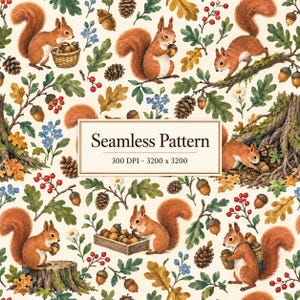 Può includere: Un motivo continuo con illustrazioni ad acquerello di scoiattoli rossi, ghiande, pigne, foglie di quercia, bacche rosse e piccoli fiori blu su sfondo crema. Un riquadro centrale riporta il testo Seamless Pattern 300 DPI - 3200 x 3200.