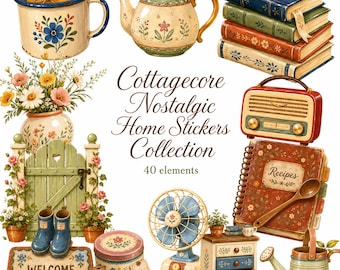 Cottagecore Nostalgic Home Clipart Bundle, Rustic Farmhouse Graphics (40 Elements)