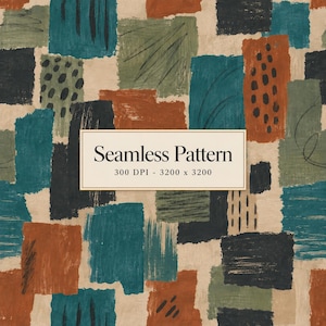 Puede incluir: Un patrón sin costuras con bloques rectangulares en verde azulado, verde oliva, gris oscuro y naranja quemado sobre un fondo beige. El diseño incluye texturas dibujadas a mano como puntos y líneas. Texto: Seamless Pattern 300 DPI - 3200 x 3200.