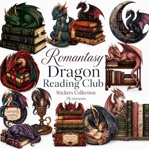 May include: A digital sticker collection titled Romantasy Dragon Reading Club featuring 38 elements of dragons with books, candles, and crescent moons. The illustrations include various dragon colors, stacks of antique books, and text labels.