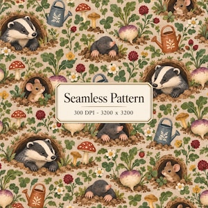 May include: A seamless pattern featuring badgers, moles, and mice in burrows, interspersed with watering cans, mushrooms, and turnips. The center text reads Seamless Pattern 300 DPI - 3200 x 3200. The design uses earthy tones on a light background.