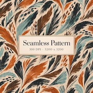 Puede incluir: Un patrón sin costuras con pinceladas abstractas en tonos naranja óxido, marrón oscuro y verde azulado sobre un fondo crema. Una etiqueta rectangular central contiene el texto Seamless Pattern, 300 DPI, 3200 x 3200.