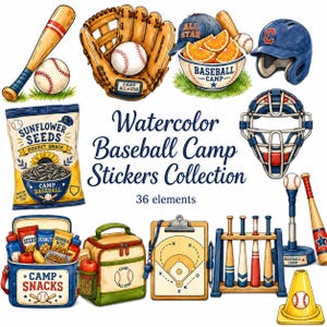 Peut inclure: Une collection de 36 autocollants aquarelle sur le thème du camp de baseball comprenant une batte, une balle, un gant, un casque, un masque de receveur, un sac de snacks, une boîte à lunch, un presse-papiers et un râtelier. Texte : "Watercolor Baseball Camp Stickers Collection".