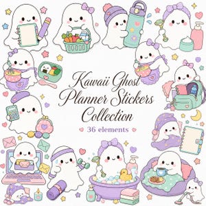 Op de afbeelding: Een collectie Kawaii Ghost Planner Stickers met 36 elementen van witte geesten in diverse activiteiten zoals koken, sporten en baden, geaccentueerd met pastelkleuren, sterren, hartjes en de tekst Kawaii Ghost Planner Stickers Collection.