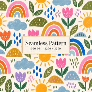 May include: A seamless pattern featuring colorful hand-painted illustrations of rainbows, yellow suns, blue clouds, raindrops, green leaves, and pink or orange tulips on a cream background. A central rectangular label reads Seamless Pattern 300 DPI - 3200 x 3200.