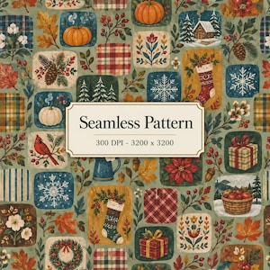 May include: A seamless pattern featuring a grid of seasonal illustrations including pumpkins, pinecones, snowflakes, stockings, gifts, a cardinal, a cabin, and plaid squares. A central white label displays the text Seamless Pattern 300 DPI - 3200 x 3200.