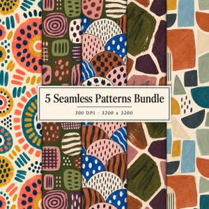 Peut inclure: Un lot numérique de cinq motifs sans couture avec des formes abstraites, des points et des lignes dans une palette d'orange, bleu, vert et crème. Le texte central indique 5 Seamless Patterns Bundle, 300 DPI - 3200 x 3200, présentant une collection de cinq designs graphiques distincts.