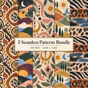 Op de afbeelding: Een bundel van vijf naadloze patronen met handgeschilderde illustraties van abstracte vormen, landschappen met zonnen en manen, botanische elementen en dierenprints in aardetinten. De tekst 5 Seamless Patterns Bundle 300 DPI - 3200 x 3200 staat in het midden.