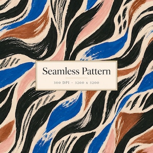 May include: A seamless pattern featuring abstract, wavy brushstrokes in black, vibrant blue, warm brown, and soft pink against a cream background. A central rectangular label contains the text Seamless Pattern, 300 DPI - 3200 x 3200.