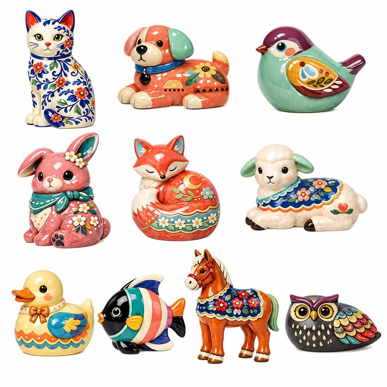 May include: A collection of ten ceramic animal figurines including a cat, dog, bird, rabbit, fox, lamb, duck, fish, horse, and owl. Each figurine features vibrant, multi-colored floral and geometric patterns painted on their surfaces.