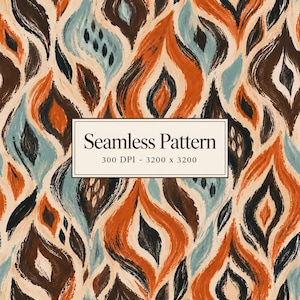 Puede incluir: Un patrón sin costuras con formas abstractas y alargadas similares a llamas en tonos naranja quemado, marrón oscuro y azul apagado sobre un fondo crema. Un recuadro blanco central contiene el texto Seamless Pattern 300 DPI - 3200 x 3200.