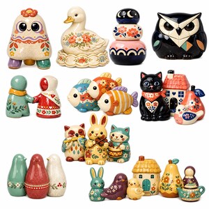 May include: A collection of ceramic figurines featuring various animals, including owls, cats, rabbits, fish, and birds, alongside small houses and pears. Each piece is decorated with colorful floral patterns, geometric designs, and vibrant paint finishes.
