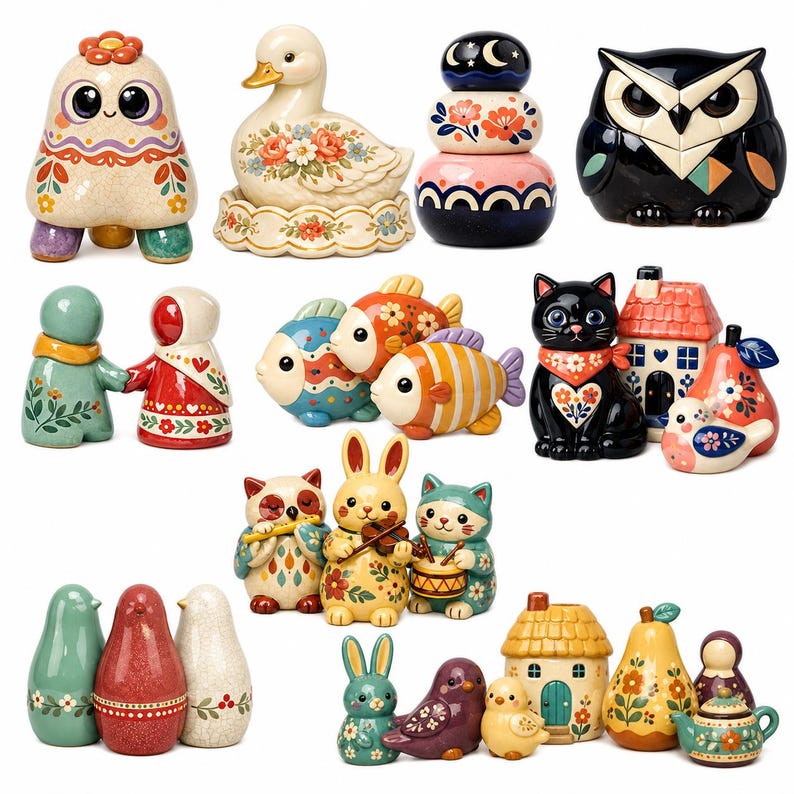 May include: A collection of ceramic figurines featuring various animals, including owls, cats, rabbits, fish, and birds, alongside small houses and pears. Each piece is decorated with colorful floral patterns, geometric designs, and vibrant paint finishes.