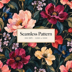May include: A seamless pattern featuring a dark background with large, vibrant flowers in shades of pink, deep red, yellow, and blue, accented by small purple blossoms and green leaves. A central rectangular label displays the text Seamless Pattern 300 DPI - 3200 x 3200.