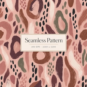 Può includere: Un motivo senza cuciture con pennellate astratte nei toni del terracotta, verde salvia, marrone scuro e crema su uno sfondo rosa tenue. Un'etichetta rettangolare centrale mostra il testo Seamless Pattern 300 DPI - 3200 x 3200.