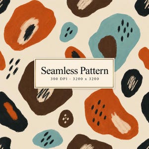Puede incluir: Un patrón sin costuras con formas orgánicas abstractas en naranja quemado, azul cerceta, marrón oscuro y negro sobre un fondo crema. Una etiqueta rectangular central muestra el texto Seamless Pattern 300 DPI - 3200 x 3200 en fuente serif.