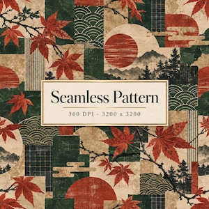 Nahtloses Muster mit japanischem Ahornblatt, geometrischer Vintage-Herbststoff von Momiji (Digitaler Download)