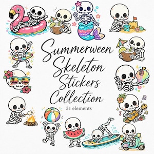 May include: A collection of 31 Summerween Skeleton stickers featuring cartoon skeletons in various summer activities, including swimming with a flamingo float, drinking from a coconut, playing with a beach ball, and riding a scooter, with the text Summerween Skeleton Stickers Collection.
