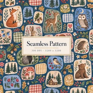 Könnte beinhalten: Ein nahtloses Muster mit Illustrationen von Fuchs, Reh, Eule, Igel, Bär, Vogel und Hütte in abgerundeten rechteckigen Rahmen auf dunkelblauem Grund. Der Text "Seamless Pattern 300 DPI - 3200 x 3200" ist mittig platziert.