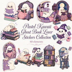 Könnte beinhalten: Eine Sammlung von 40 Aufklebern mit weißen Geistern, die in verschiedenen Umgebungen wie Sesseln, Bibliotheken und auf Mondsicheln lesen. Der Text lautet Pastel Kawaii Ghost Book Lover Stickers Collection 40 elements in violetter Schrift.