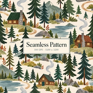 Könnte beinhalten: Ein nahtloses Muster mit Aquarellillustrationen von Hütten mit rauchenden Schornsteinen, Tannen, Bergen und gewundenen Pfaden auf cremefarbenem Grund. Ein weißes Rechteck in der Mitte enthält den Text Seamless Pattern 300 DPI - 3200 x 3200.