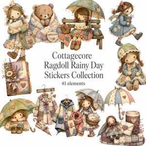 Puede incluir: Una colección de 41 pegatinas digitales con muñecas de trapo, osos de peluche, ropa de patchwork, paraguas y libros florales. El texto central dice Cottagecore Ragdoll Rainy Day Stickers Collection 41 elements, mostrando una variedad de elementos.