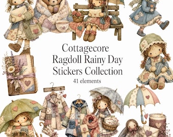 Cottagecore Ragdoll Watercolor Clipart, Cozy Diary Doll PNG Bundle (Digital Download)