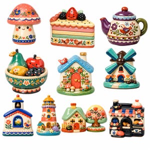 May include: A collection of eleven colorful ceramic figurines featuring a mushroom, a slice of cake, a teapot, a fruit bowl, a house, a windmill, a church, a lighthouse, a cottage with a tree, and a bakery shop, all with painted details.