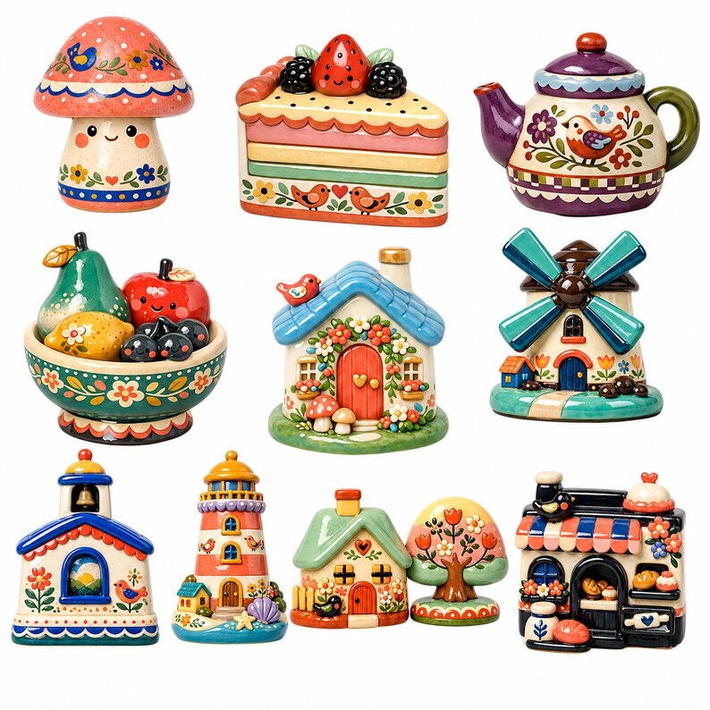 May include: A collection of eleven colorful ceramic figurines featuring a mushroom, a slice of cake, a teapot, a fruit bowl, a house, a windmill, a church, a lighthouse, a cottage with a tree, and a bakery shop, all with painted details.