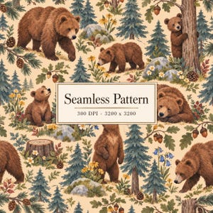 Puede incluir: Un patrón continuo con osos pardos en varias posturas, caminando, de pie y descansando, en un paisaje forestal con pinos, ramas de roble, bellotas, rocas y flores silvestres sobre un fondo beige. El texto dice Seamless Pattern 300 DPI - 3200 x 3200.