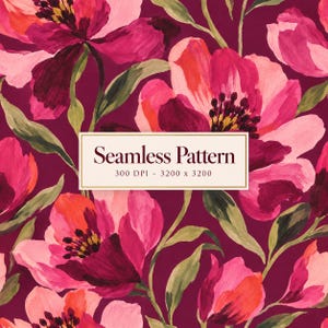 May include: A seamless pattern featuring hand-painted style flowers in shades of magenta, pink, and deep red with green leaves on a dark burgundy background. A central white rectangular label displays the text Seamless Pattern 300 DPI - 3200 x 3200.